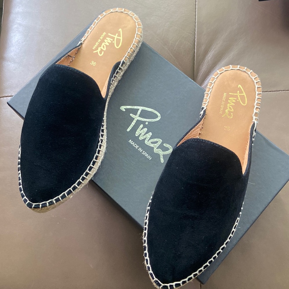 Pinaz Black Suede Espadrille Mules (NIB)